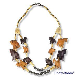 Vintage Hand Carved Wooden & Bone Animal Double Strand Necklace India